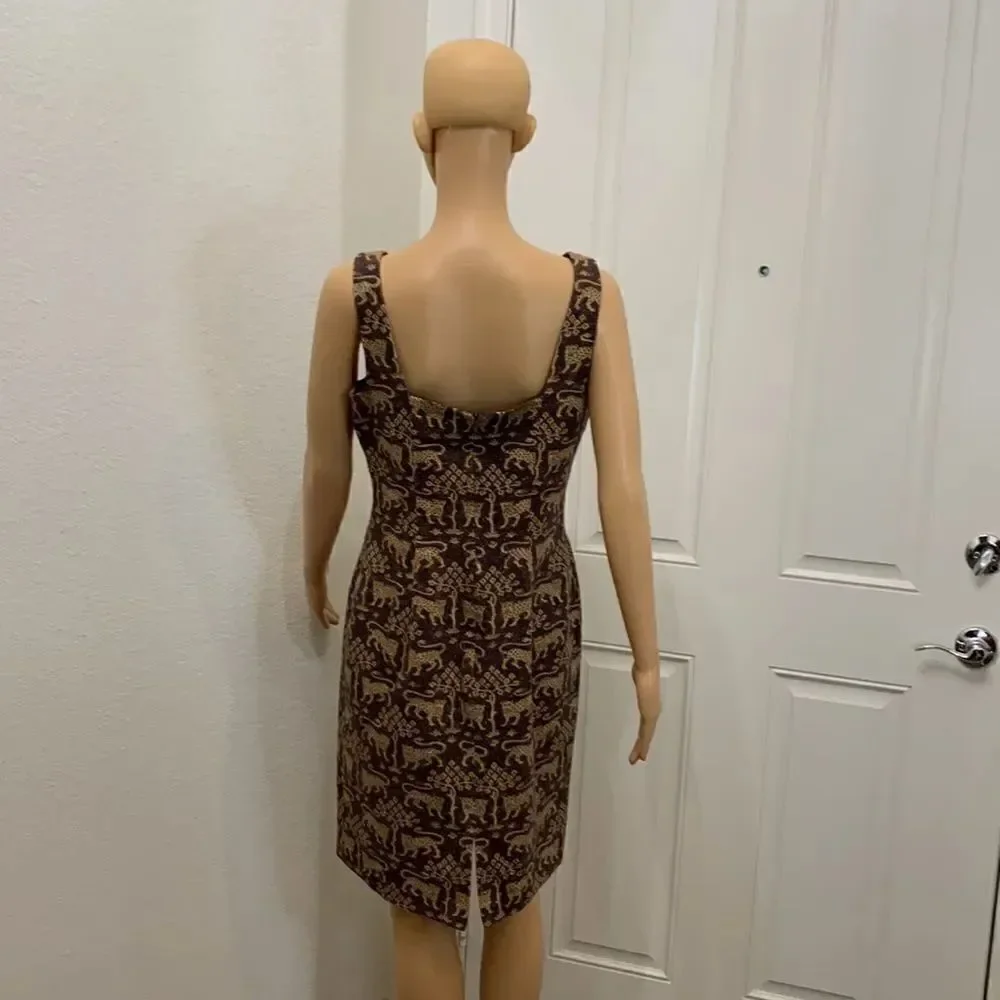 Maggy London Size 8 Tiger Beaded Scoop Neck Short Sleeve Midi Zippered Dress